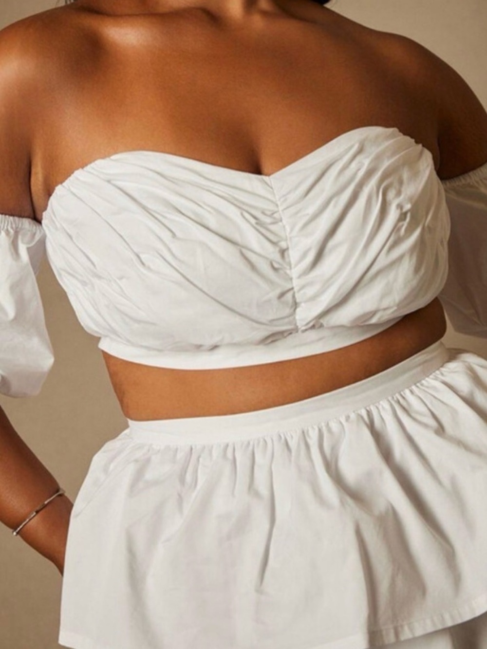 Eloquii White Strapless Ruched Crop with skirt